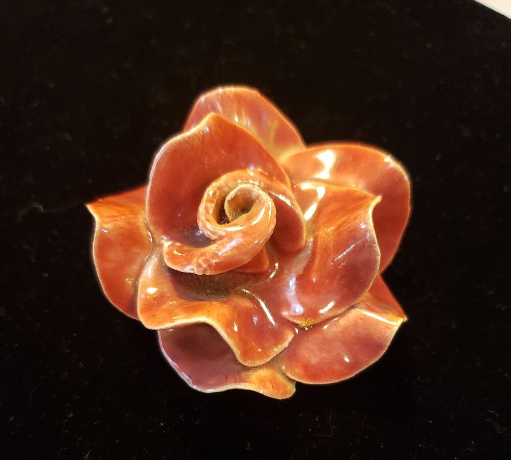 Vintage Unsigned Ceramic Rose Flower Brooch Pin Opening Petals Of Soft Red Rose